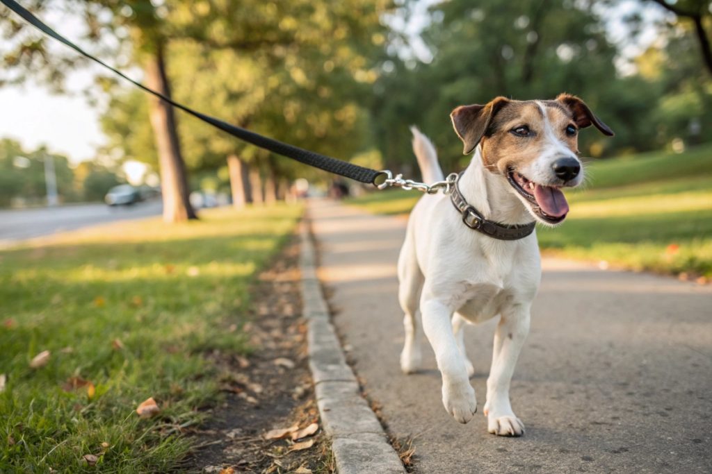 chien promenade laisse en forêt