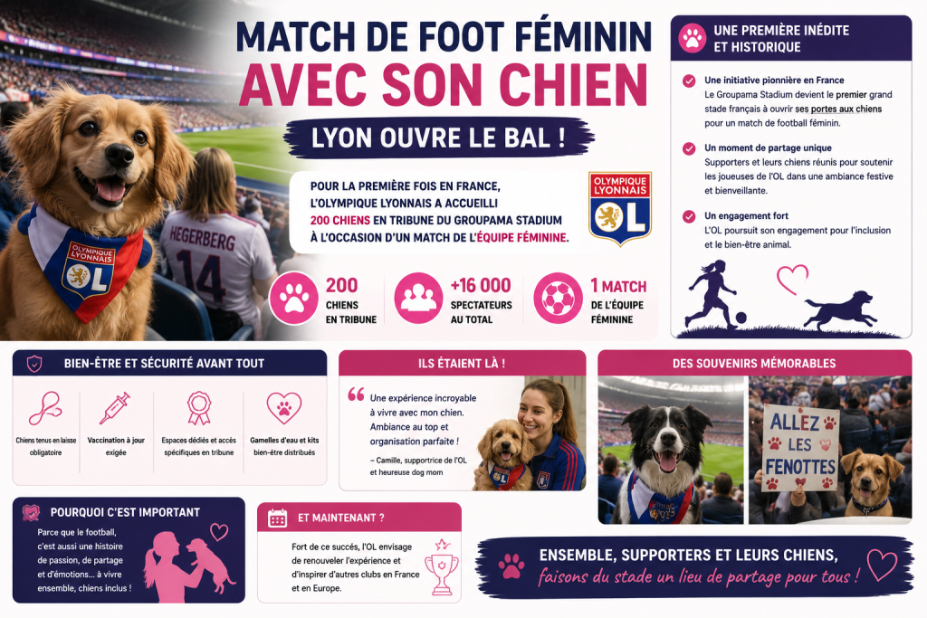 Match de foot féminin avec son chien au stade : Lyon ouvre le bal avec 200 chiens en tribune du Groupama Stadium